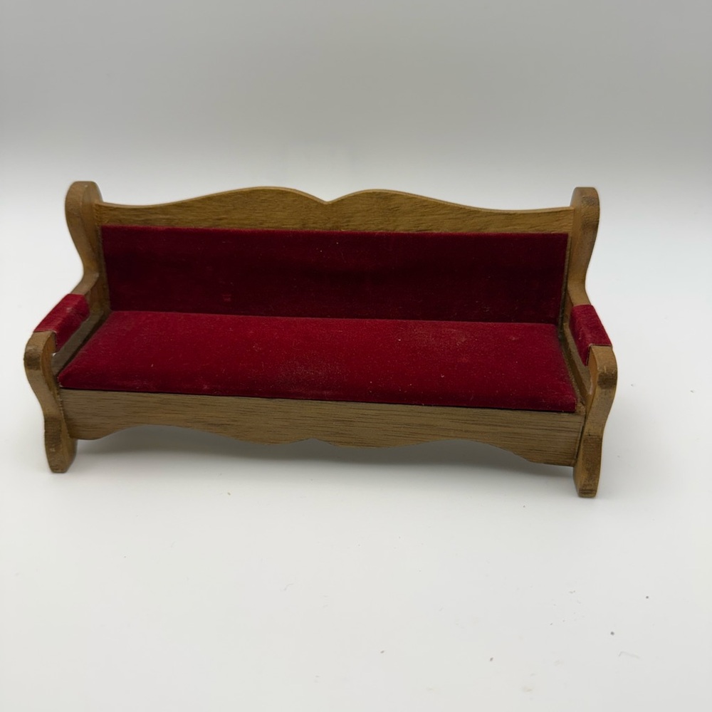 Vintage Wood Red Sofa Bench Doll House Miniature With Red Velvet Cushion, Great